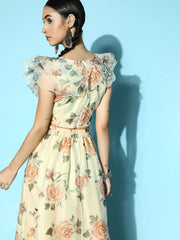 Women Beige Floral Frill Crop Top