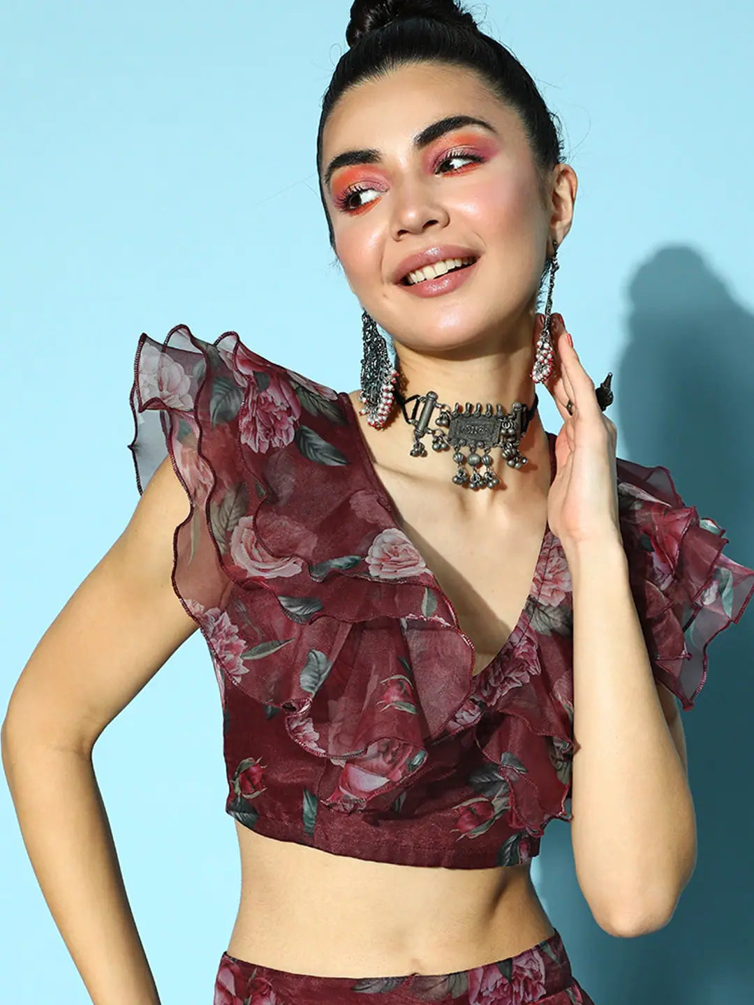 Maroon Floral Crop Top - Women's Designer Lehenga Styles
