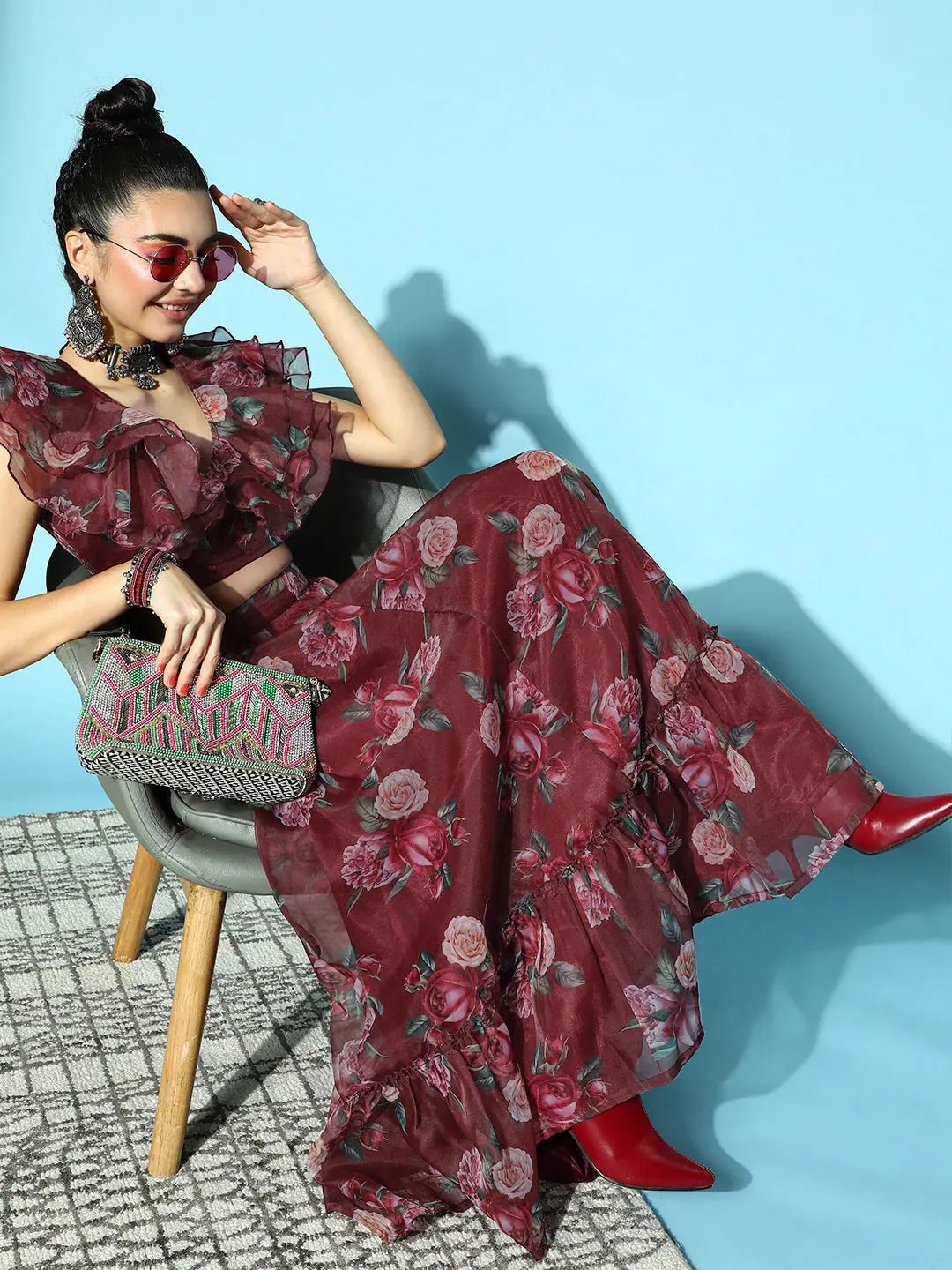 Maroon Floral Crop Top - Women's Designer Lehenga Styles