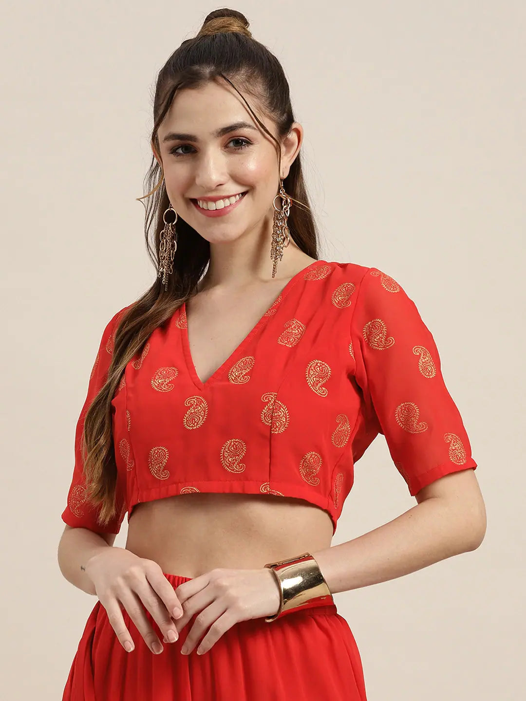 Red Foil Print V Neck Crop Top | Women's Lehenga Designs
