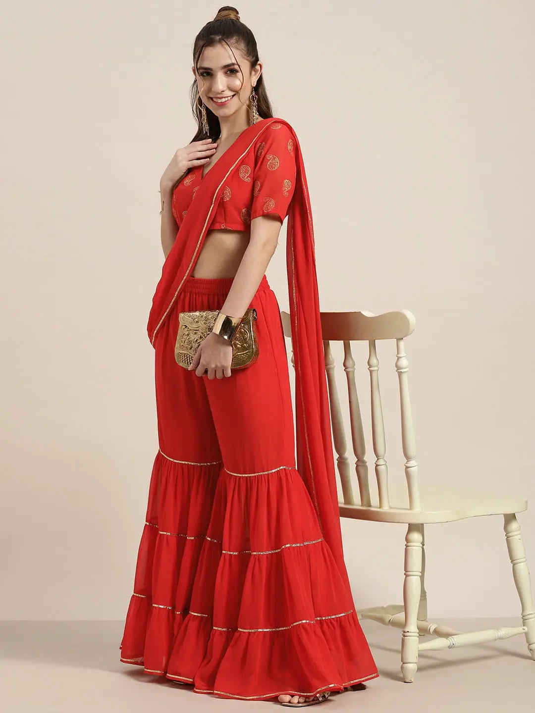 Red Foil Print V Neck Crop Top | Women's Lehenga Designs