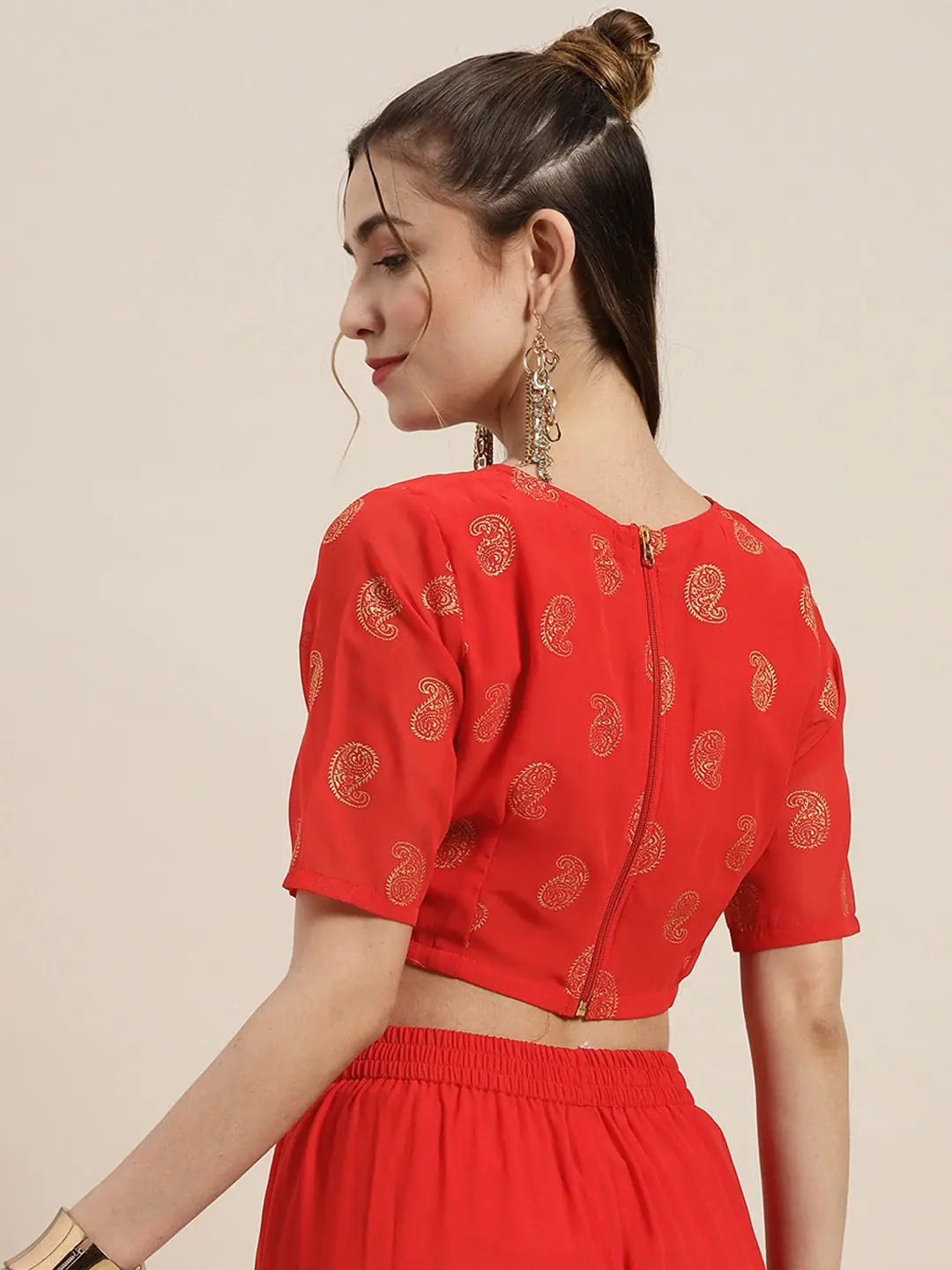 Red Foil Print V Neck Crop Top | Women's Lehenga Designs