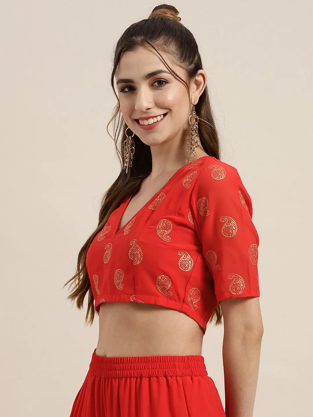 Red Foil Print V Neck Crop Top | Women's Lehenga Designs