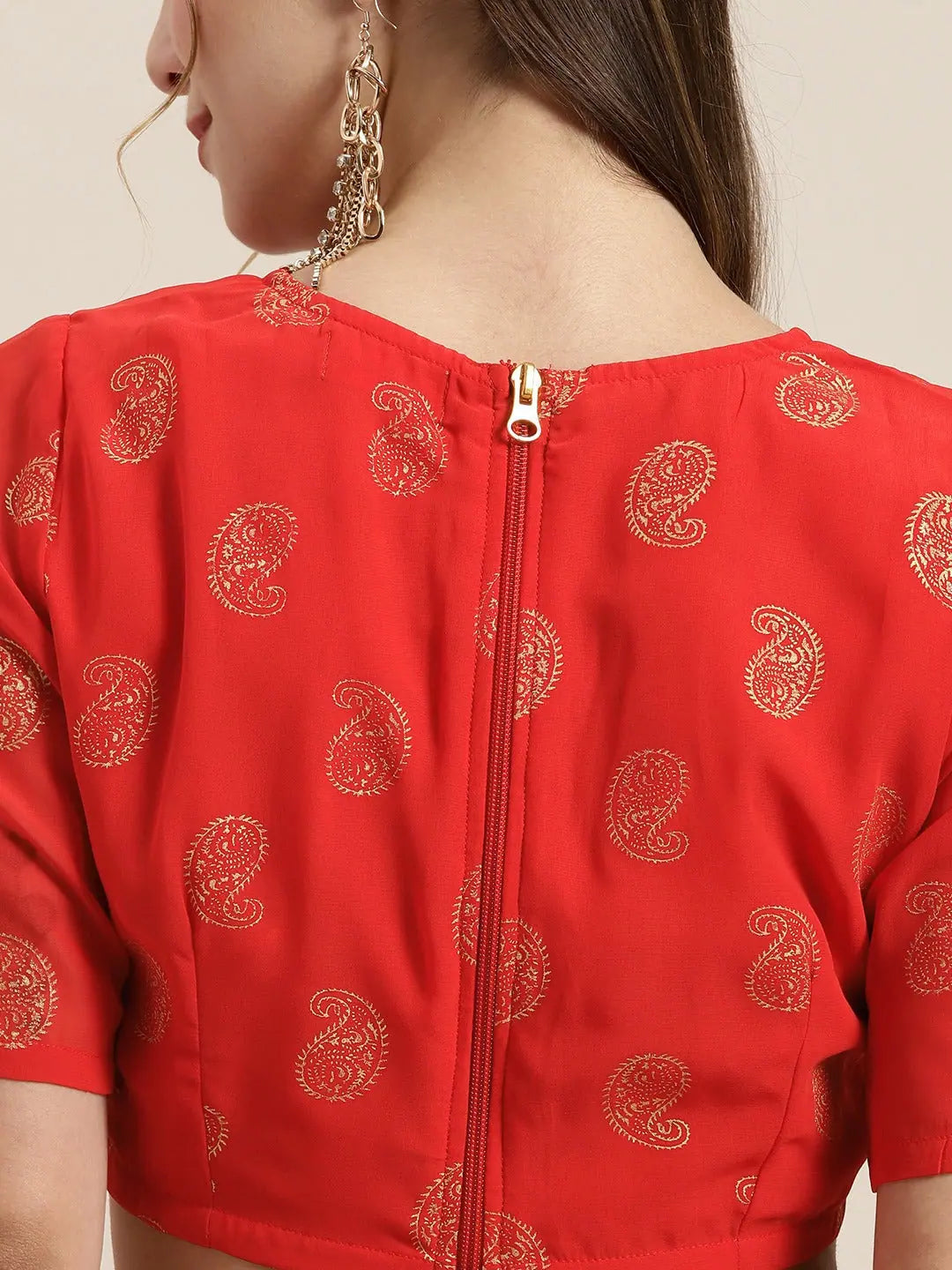 Red Foil Print V Neck Crop Top | Women's Lehenga Designs