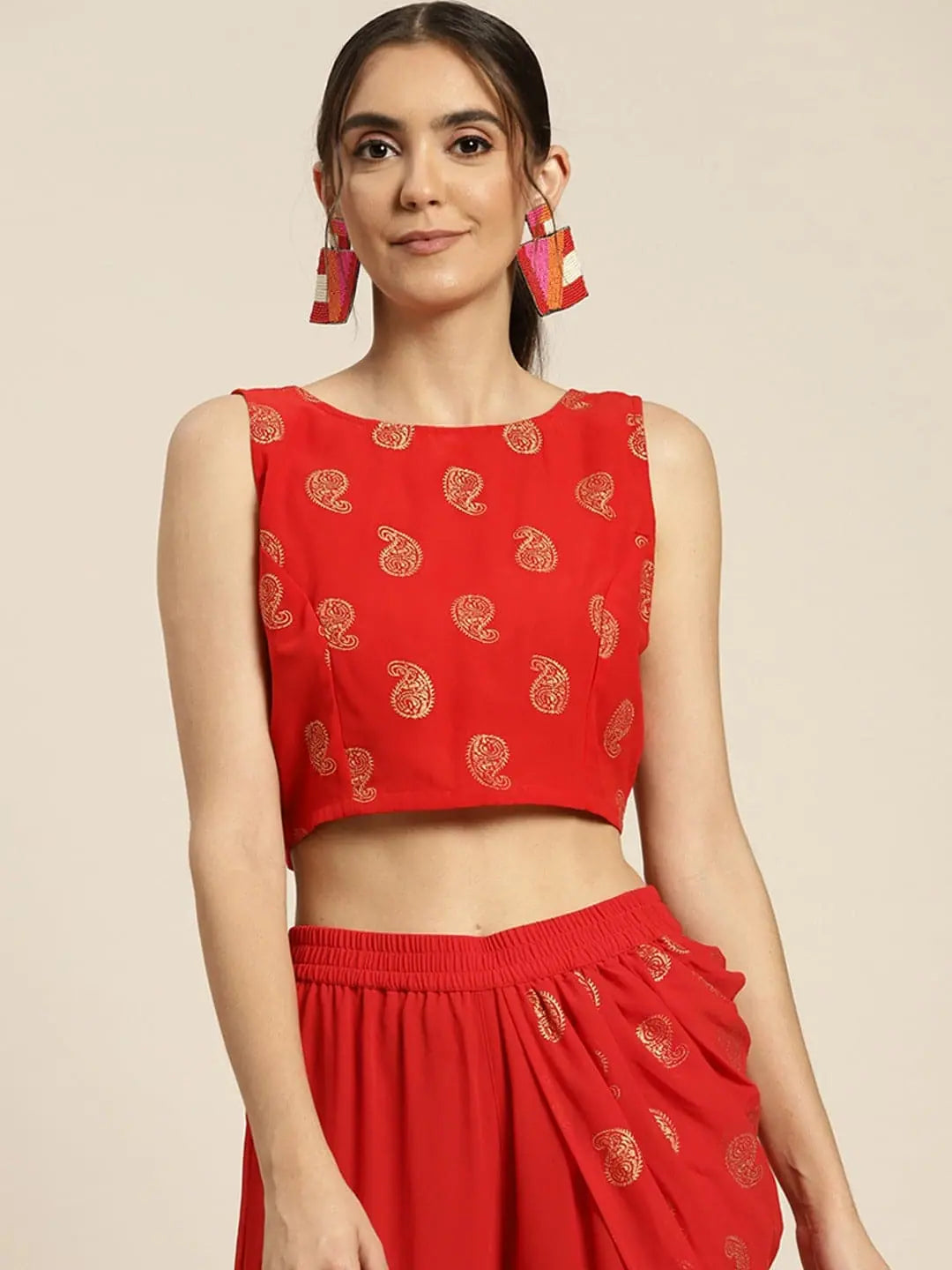 Red Foil Print Crop Top - Women's Traditional Lehenga Style