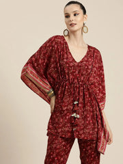 Women Maroon Floral Short Kaftan Top