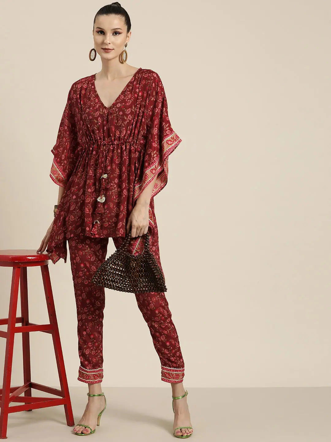 Maroon Floral Kaftan Top - Women's Indian Top Short Kurtis