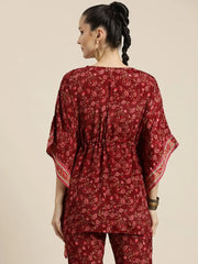 Women Maroon Floral Short Kaftan Top