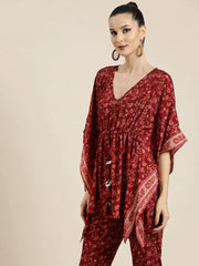 Women Maroon Floral Short Kaftan Top