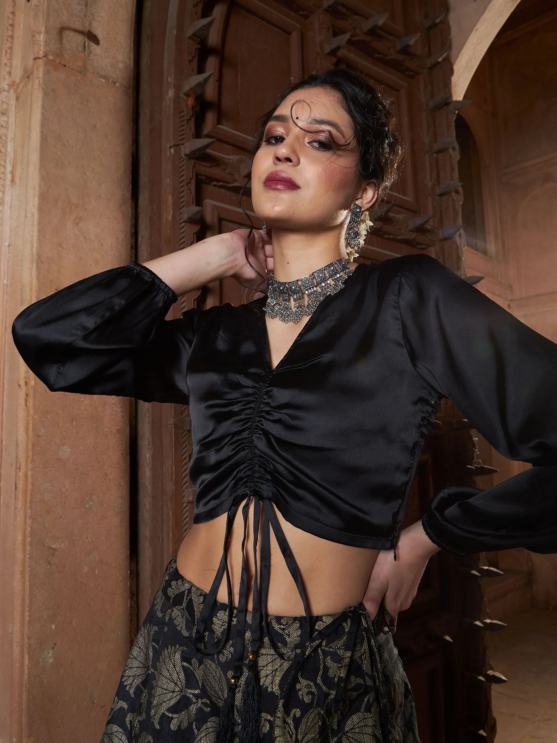 Black Satin Ruched Crop Top - Style with a Designer Lehenga