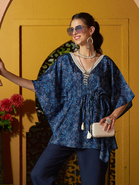 Women Blue Floral Short Kaftan Top 2160