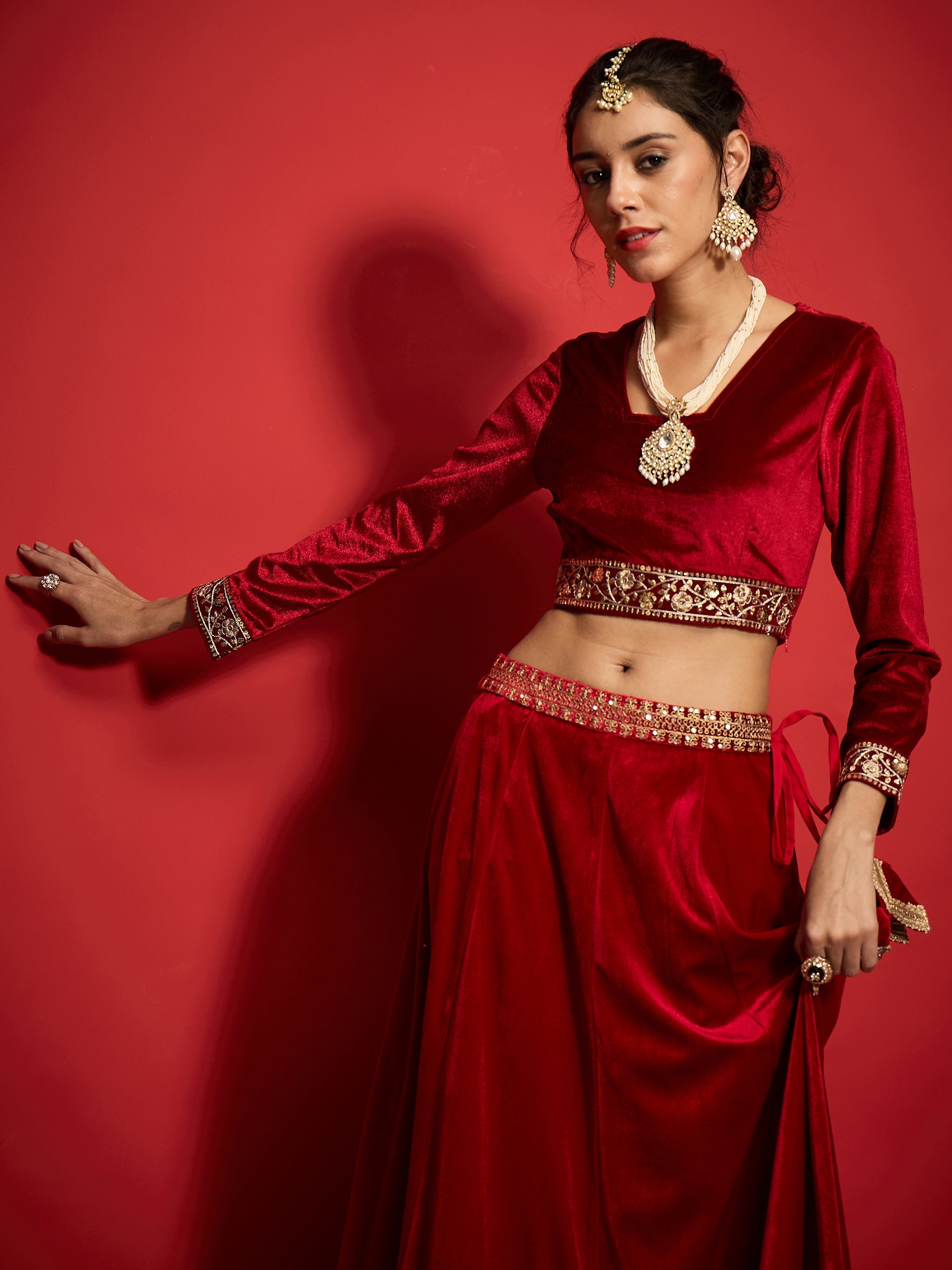 Women Red Velvet Square Neck Crop Top-SHTOP42120