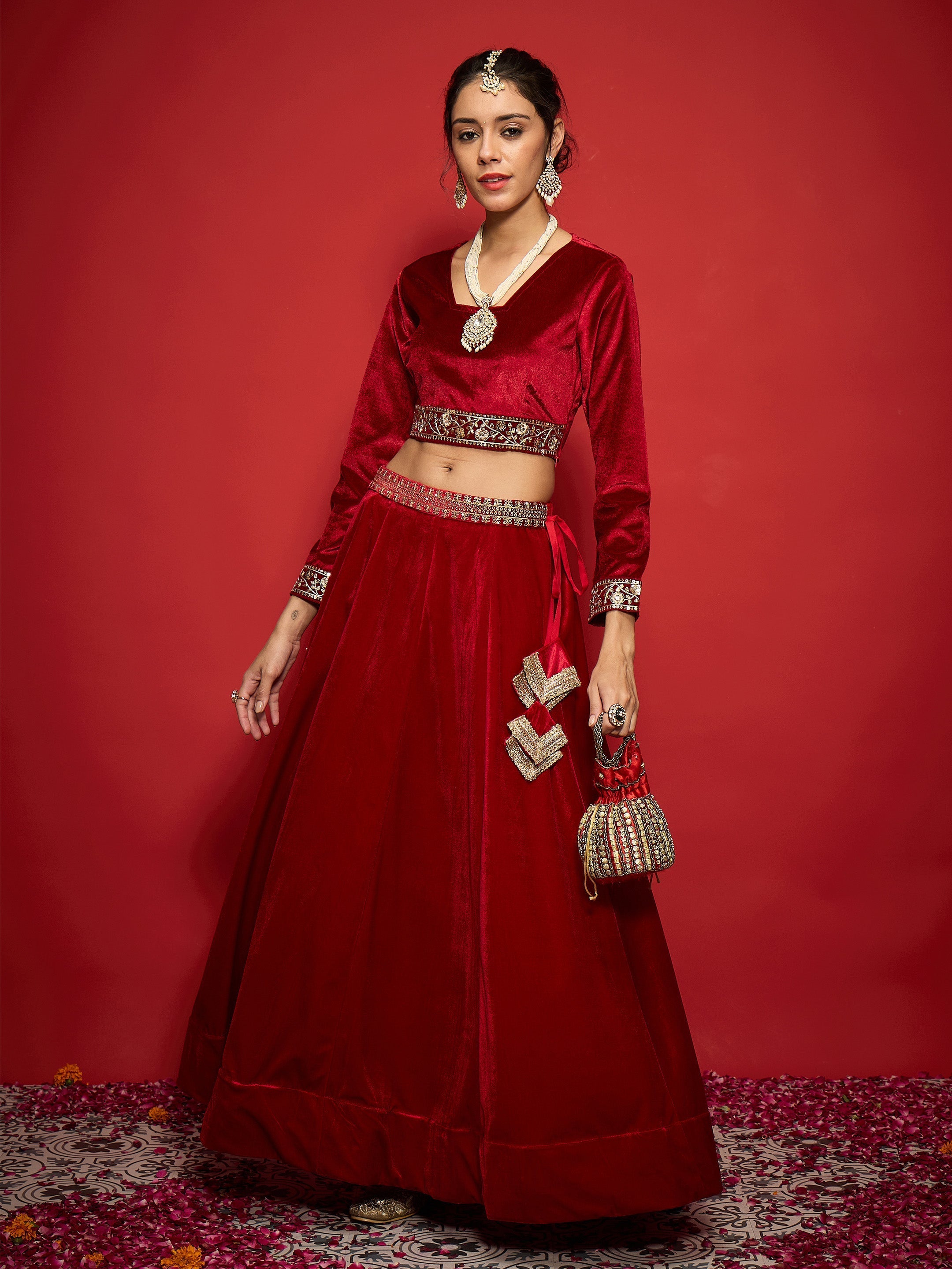 Women Red Velvet Square Neck Crop Top-SHTOP42120