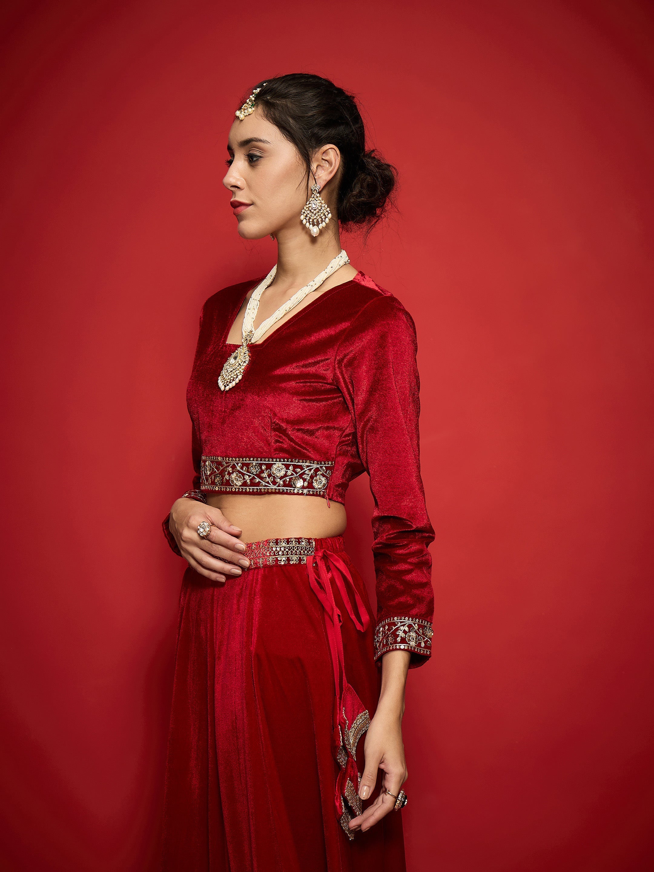 Women Red Velvet Square Neck Crop Top-SHTOP42120