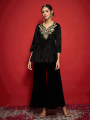 Women Black Velvet Embroidered Peplum Top With Palazzos-SHTOP42122_SHPAN51057
