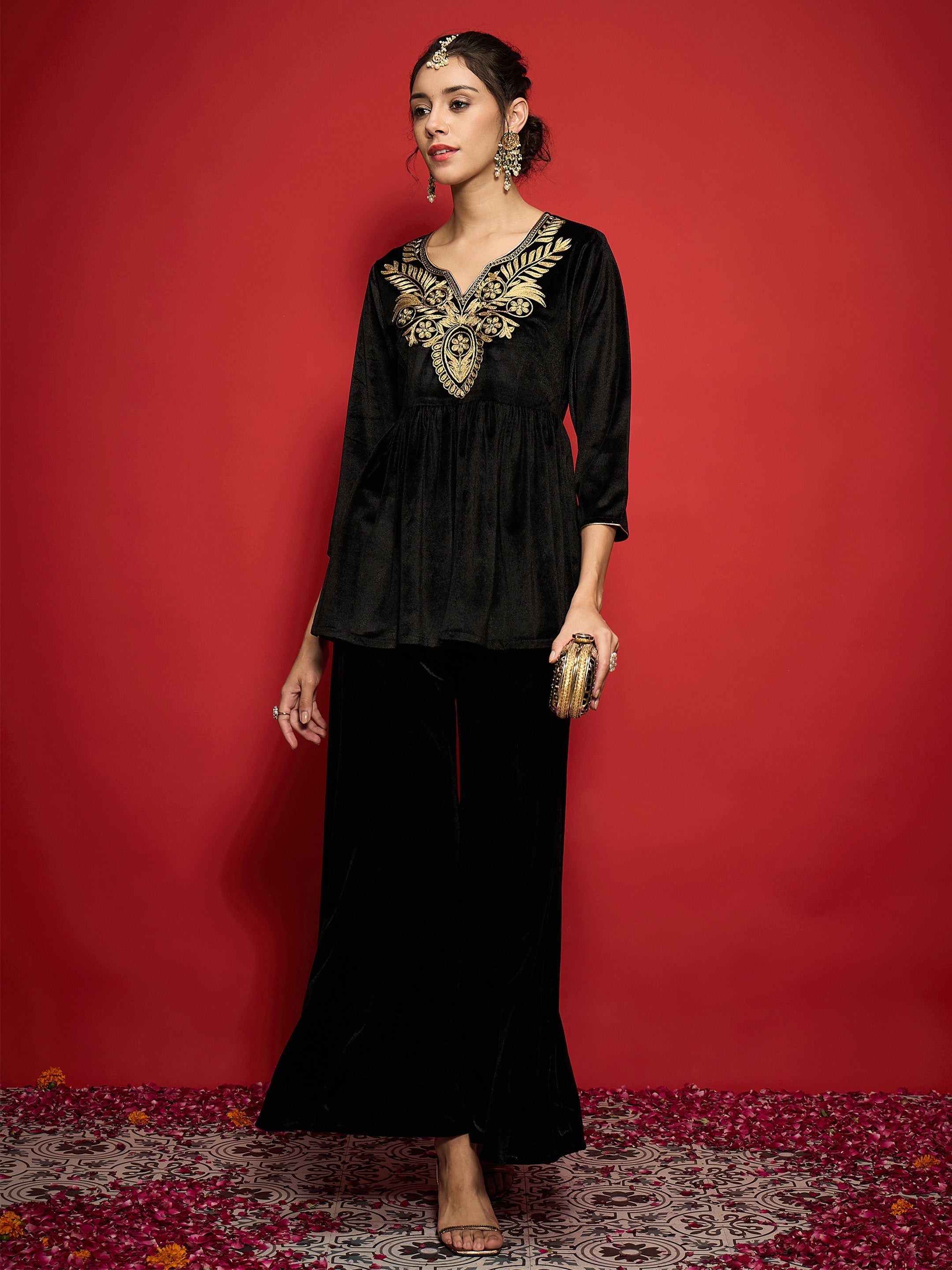 Women Black Velvet Embroidered Peplum Top With Palazzos-SHTOP42122_SHPAN51057