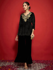 Women Black Velvet Embroidered Peplum Top With Palazzos-SHTOP42122_SHPAN51057