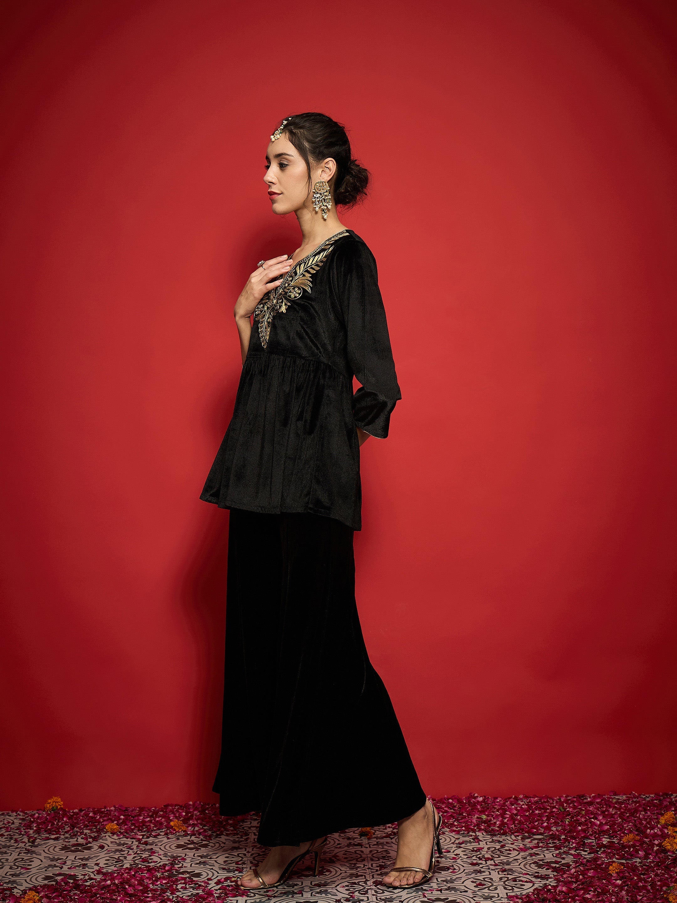 Women Black Velvet Embroidered Peplum Top With Palazzos-SHTOP42122_SHPAN51057