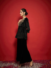 Women Black Velvet Embroidered Peplum Top With Palazzos-SHTOP42122_SHPAN51057