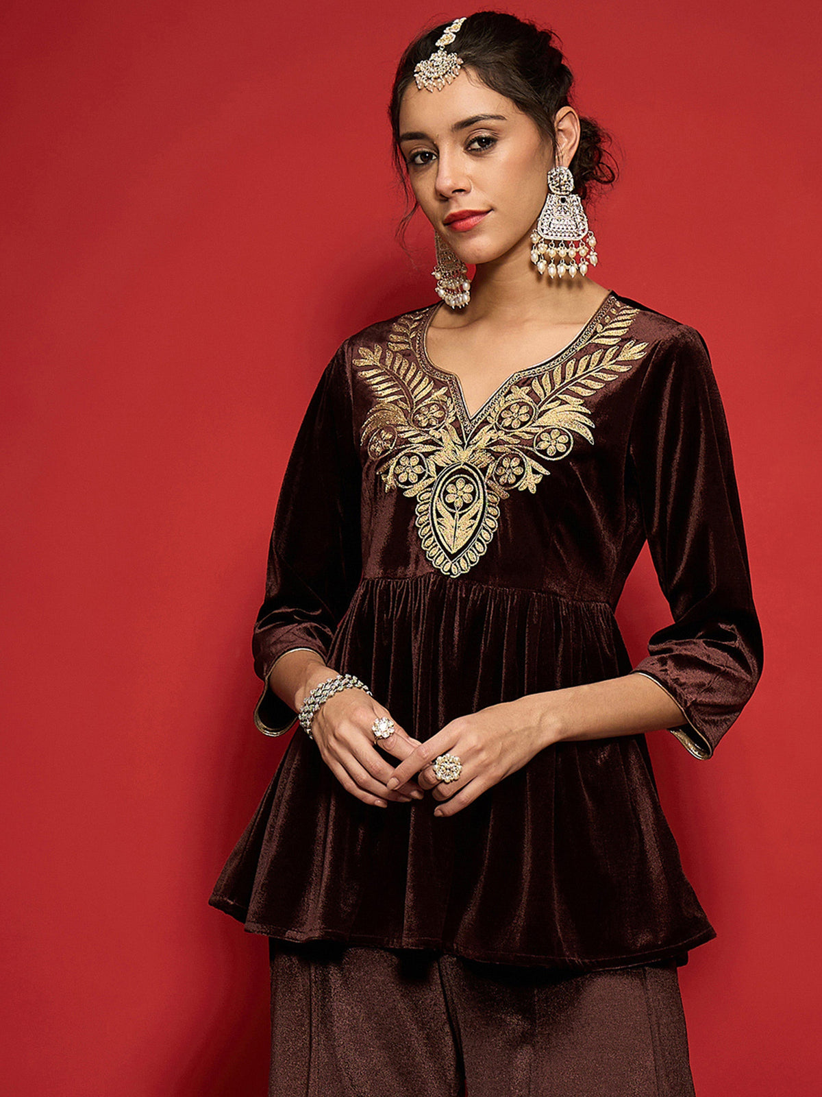 Women Brown Velvet Embroidered Round Neck Peplum Top-SHTOP42123