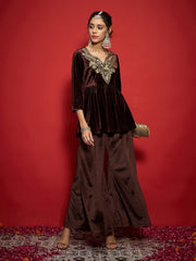 Women Brown Velvet Embroidered Round Neck Peplum Top-SHTOP42123