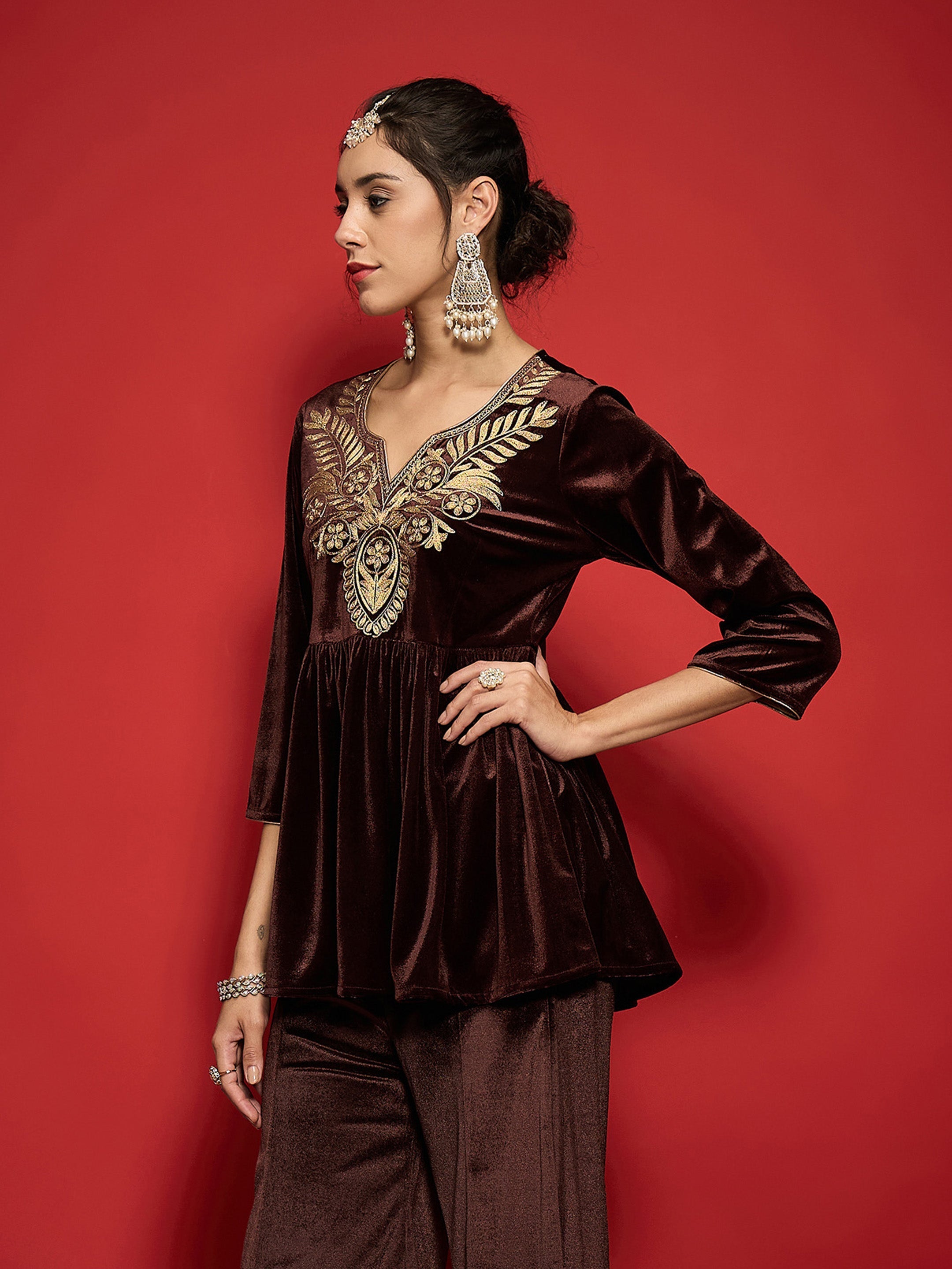 Women Brown Velvet Embroidered Round Neck Peplum Top-SHTOP42123