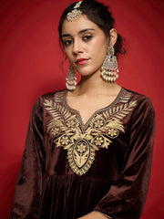 Women Brown Velvet Embroidered Round Neck Peplum Top-SHTOP42123
