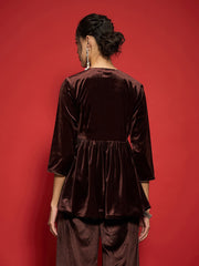 Women Brown Velvet Embroidered Round Neck Peplum Top-SHTOP42123