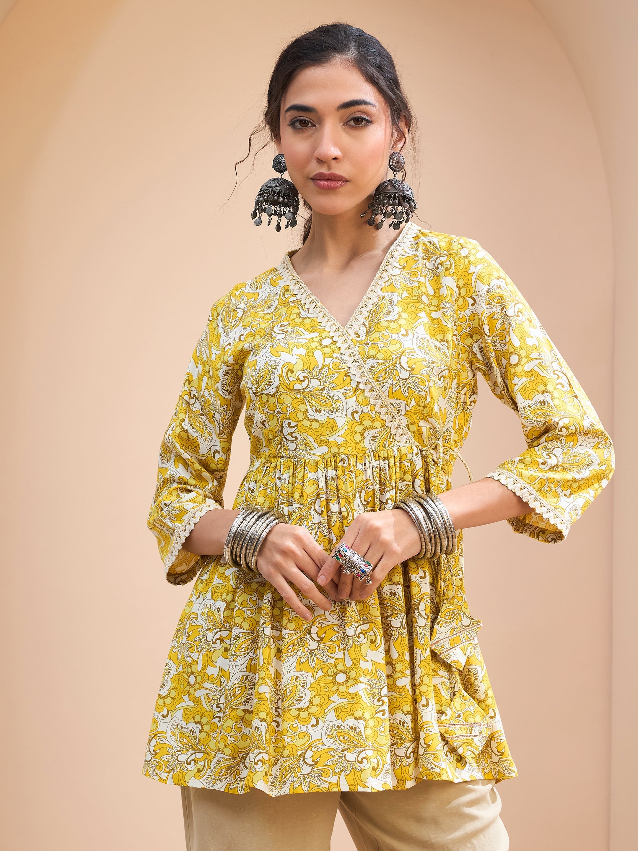 Women Yellow Floral Wrap Neck Peplum Kurti-SHTOP42199