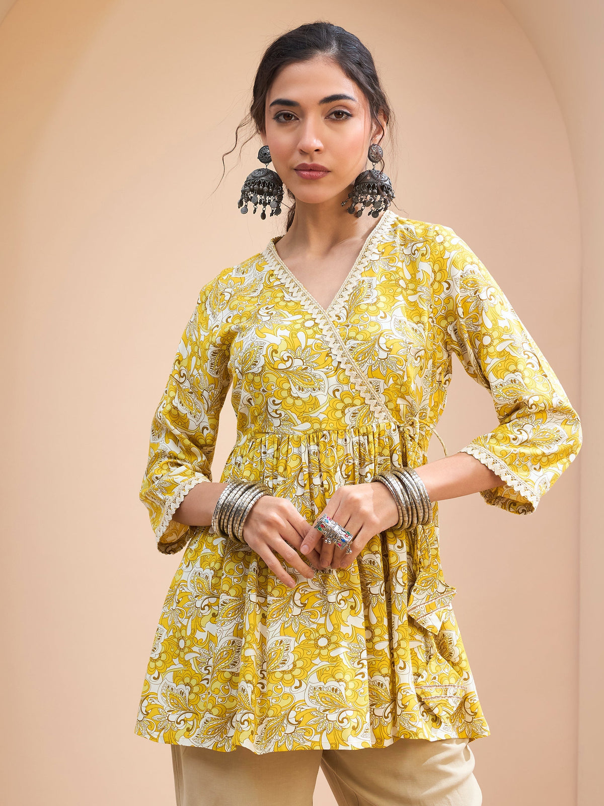 Women Yellow Floral Wrap Neck Peplum Kurti-SHTOP42199