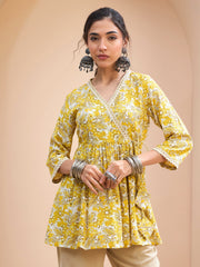 Women Yellow Floral Wrap Neck Peplum Kurti-SHTOP42199