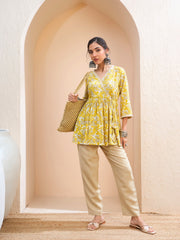 Women Yellow Floral Wrap Neck Peplum Kurti-SHTOP42199