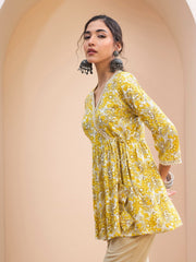 Women Yellow Floral Wrap Neck Peplum Kurti-SHTOP42199