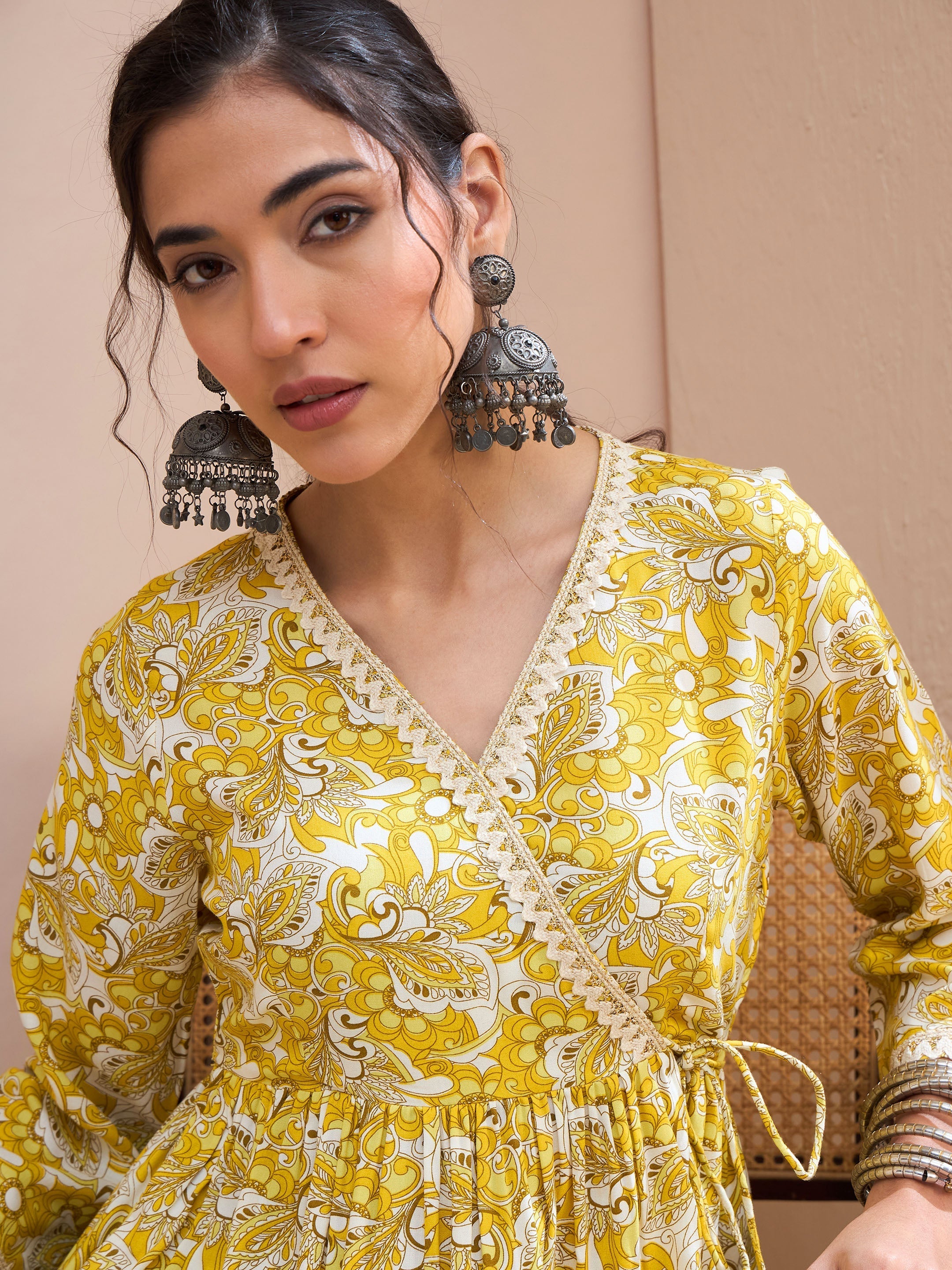 Women Yellow Floral Wrap Neck Peplum Kurti-SHTOP42199