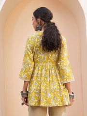 Women Yellow Floral Wrap Neck Peplum Kurti-SHTOP42199