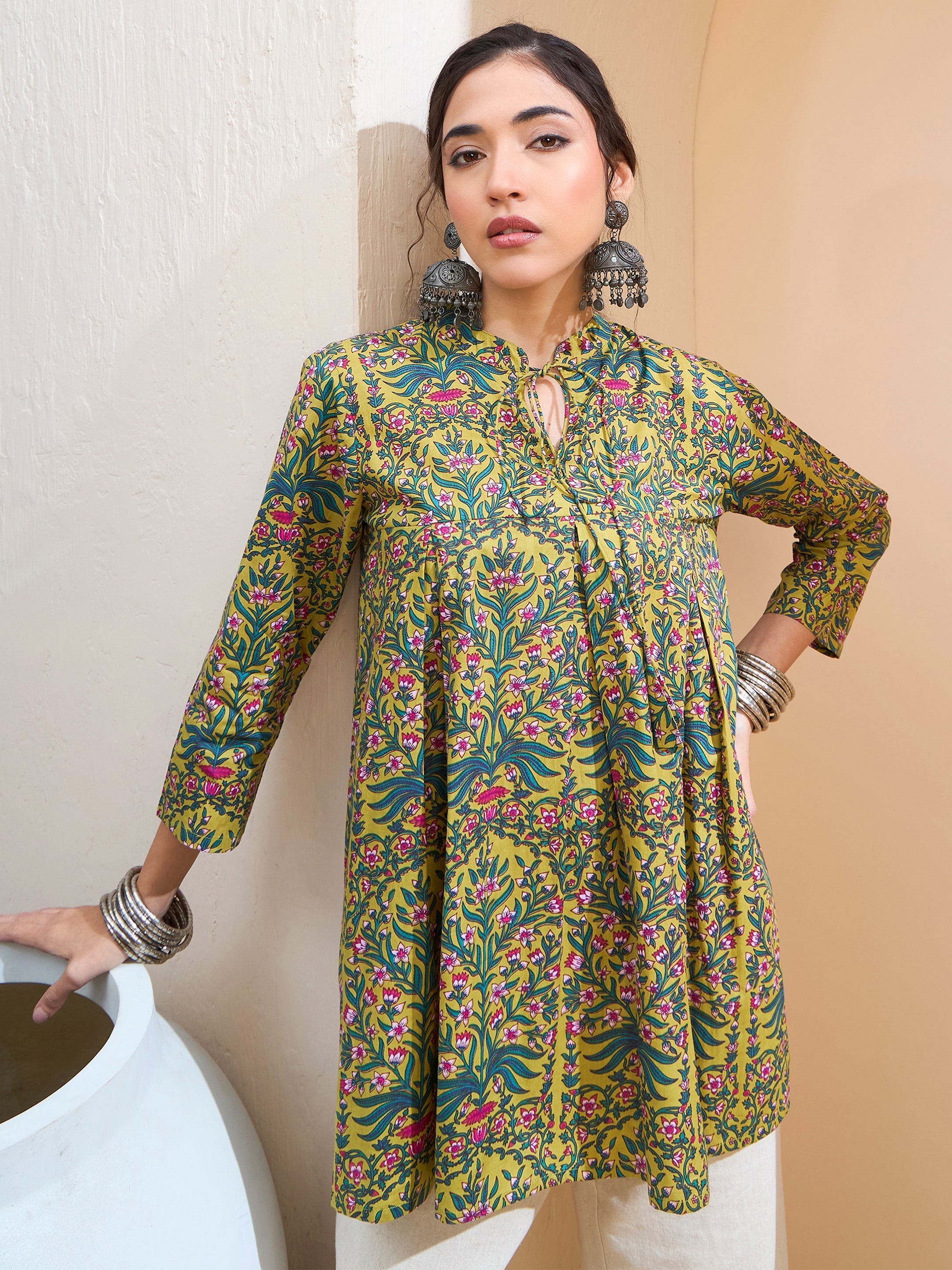 Women Dark Mustard Floral Cambric Front Tie Knot Kurti-SHTOP42204