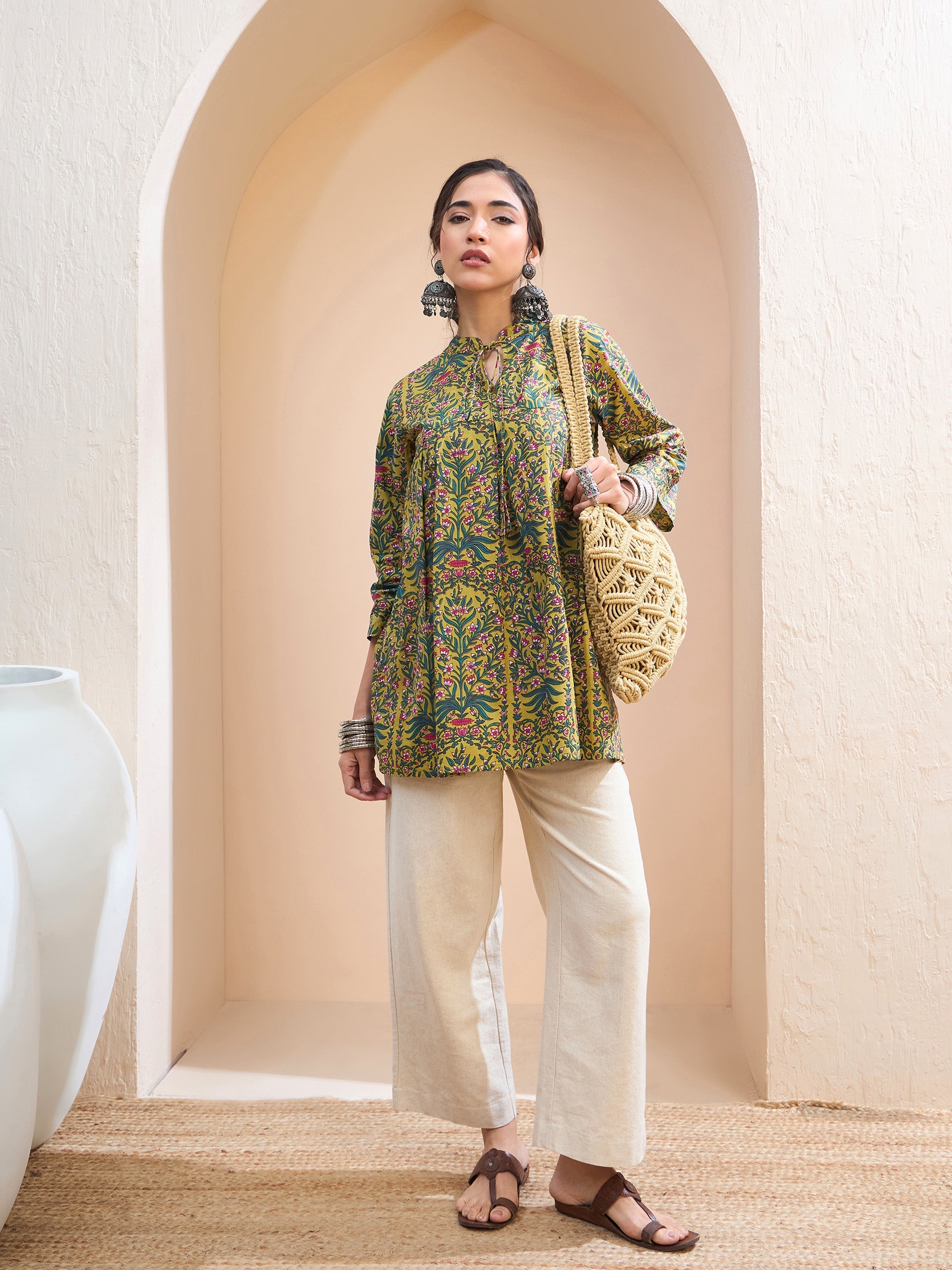Women Dark Mustard Floral Cambric Front Tie Knot Kurti-SHTOP42204