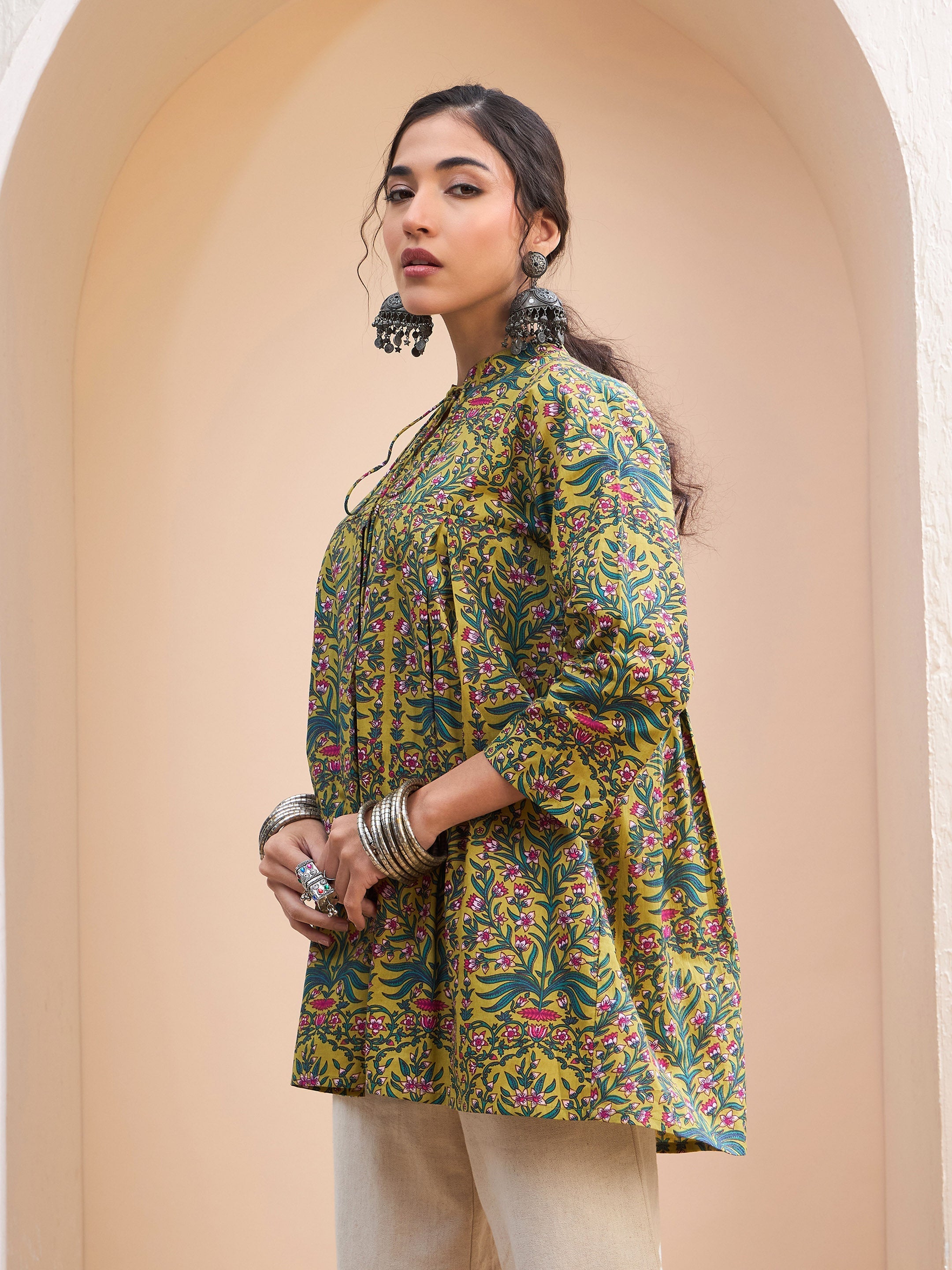 Women Dark Mustard Floral Cambric Front Tie Knot Kurti-SHTOP42204