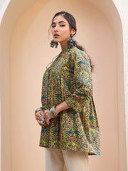 Women Dark Mustard Floral Cambric Front Tie Knot Kurti-SHTOP42204