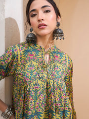Women Dark Mustard Floral Cambric Front Tie Knot Kurti-SHTOP42204