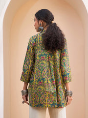 Women Dark Mustard Floral Cambric Front Tie Knot Kurti-SHTOP42204
