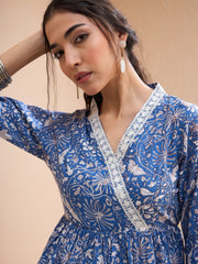 Women Blue Floral Cambric Wrap Peplum Kurti-SHTOP42207