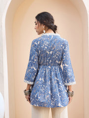 Women Blue Floral Cambric Wrap Peplum Kurti-SHTOP42207