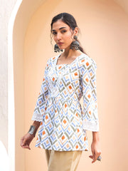 Women White Geometric Print Peplum Kurti-SHTOP42215