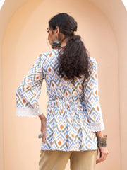 Women White Geometric Print Peplum Kurti-SHTOP42215