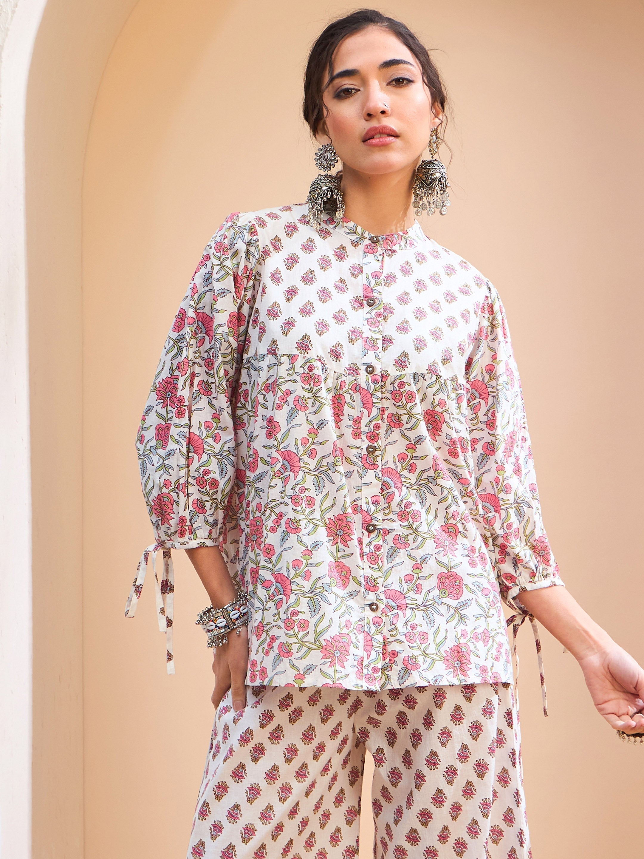 Women White Floral Sleeve Knot Buttonned Kurti-SHTOP42228