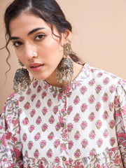 Women White Floral Sleeve Knot Buttonned Kurti-SHTOP42228