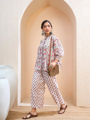 Women White Floral Sleeve Knot Buttonned Kurti-SHTOP42228