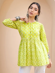 Women Lime Green Floral Buttonned Lace Neck Gathered Kurti-SHTOP42230