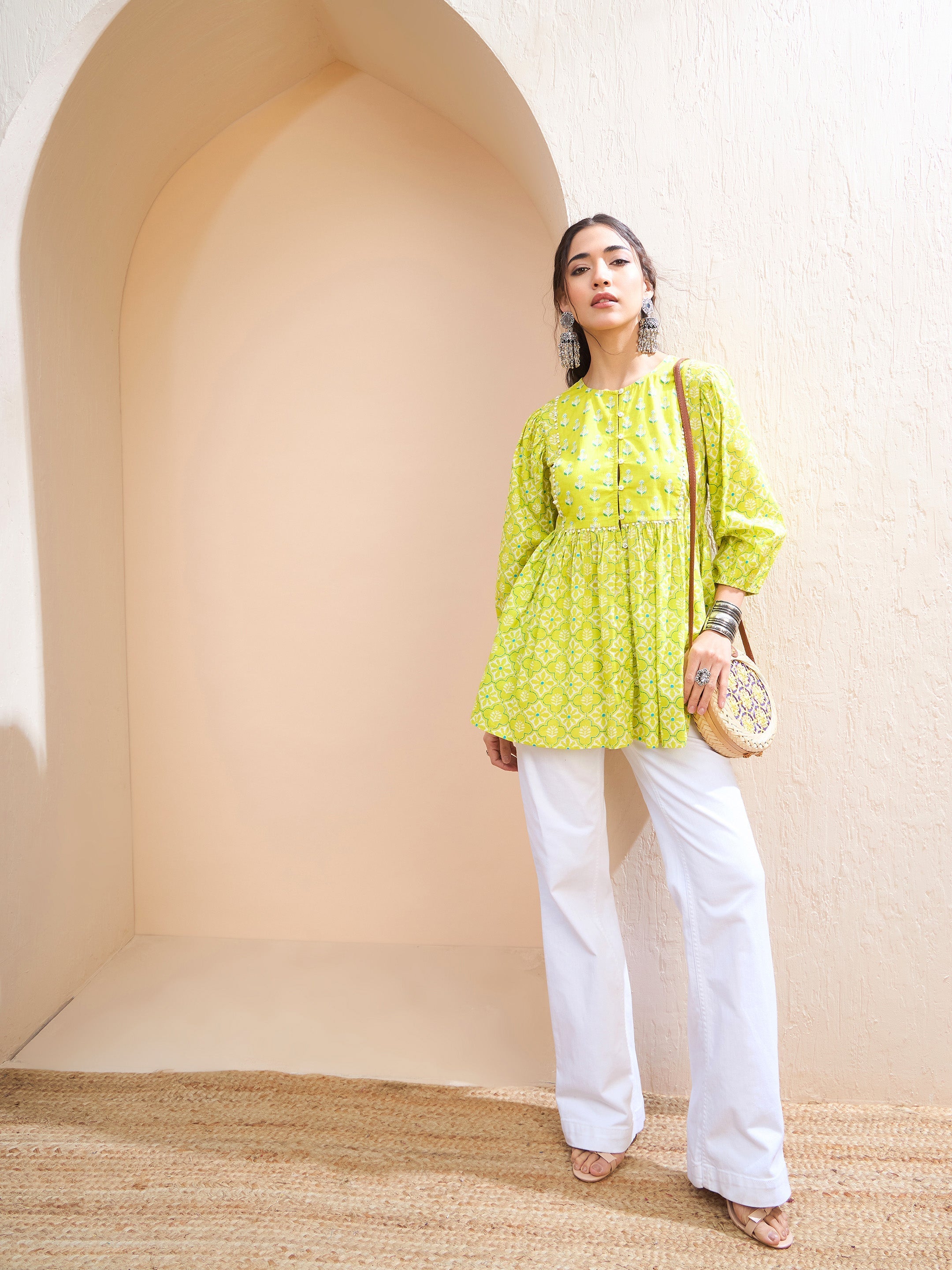 Women Lime Green Floral Buttonned Lace Neck Gathered Kurti-SHTOP42230